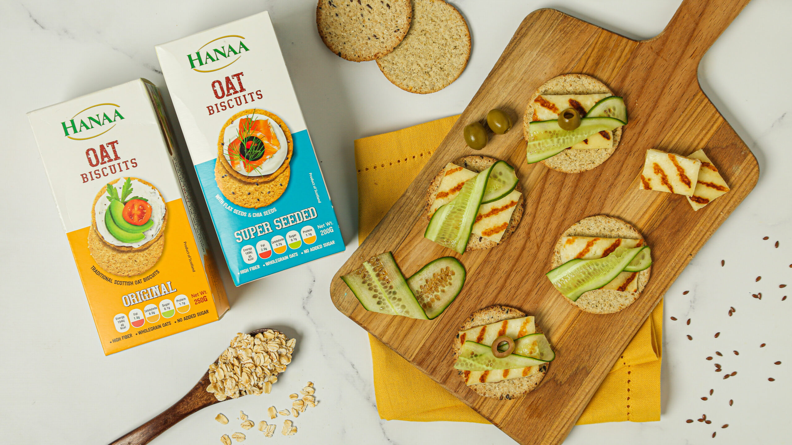 Hanaa Oat Biscuits with Halloumi Cheese and Cucumber